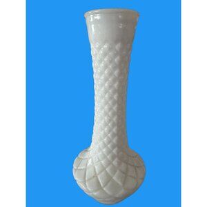 White Milk Glass Diamond Pattern Vase 9" Tall Vintage